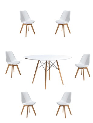 Comedor Mesa Redonda Melamina Eames Blanca 120 cm + Sillas Tulip