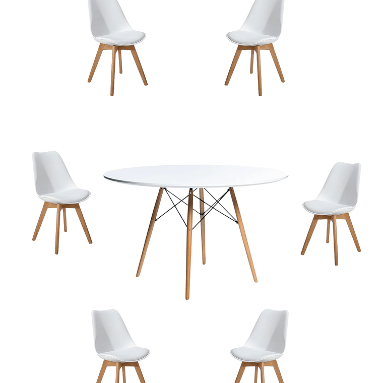 Comedor Mesa Redonda Melamina Eames Blanca 120 cm + Sillas Tulip 2
