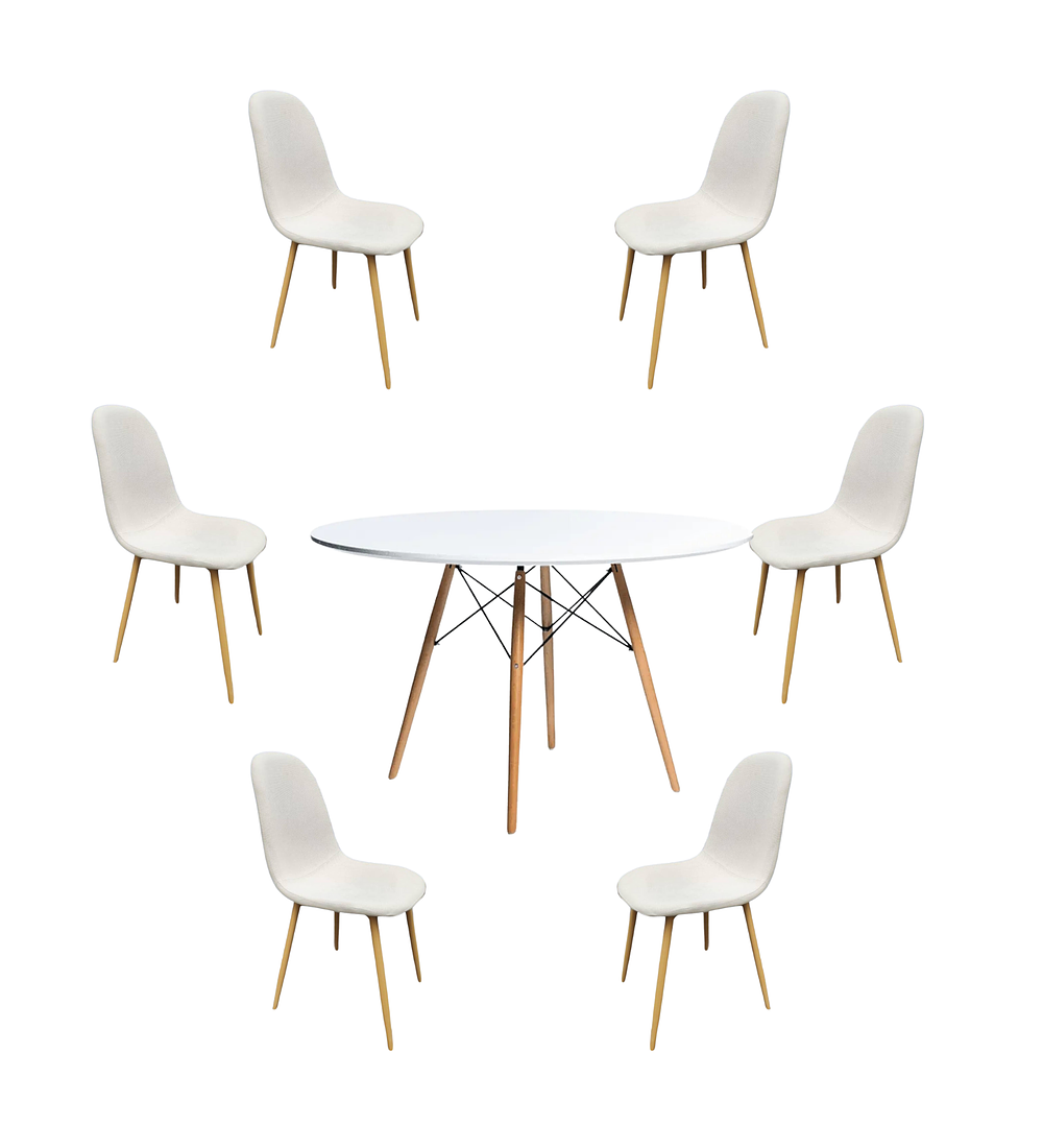 Comedor Mesa Redonda Melamina Eames Blanca 120 cm + Sillas Scoop