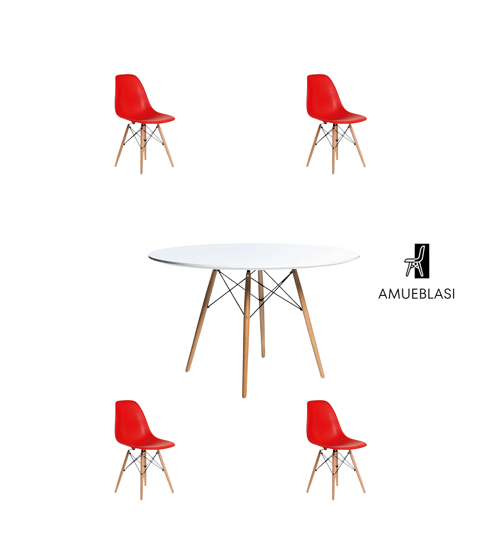 Comedor Mesa Redonda Melamina Eames Blanca 120 cm + Sillas Eames