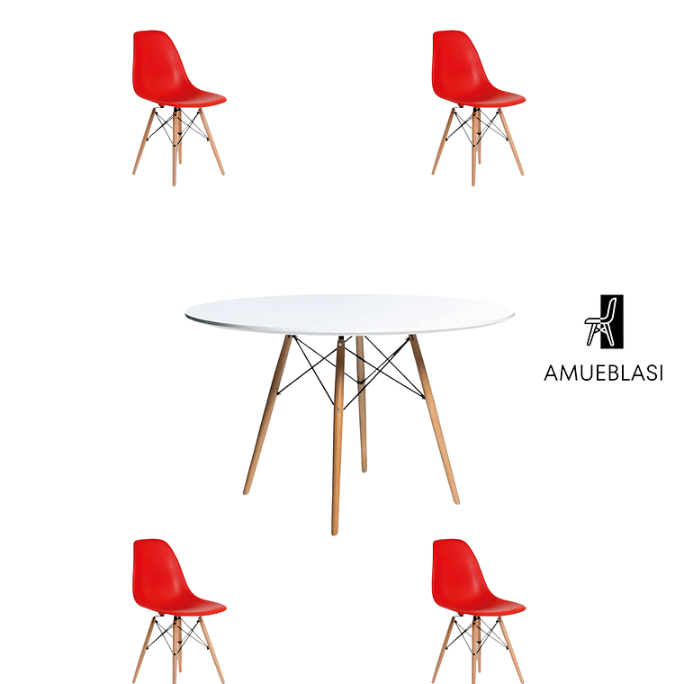 Comedor Mesa Redonda Melamina Eames Blanca 120 cm + Sillas Eames 1