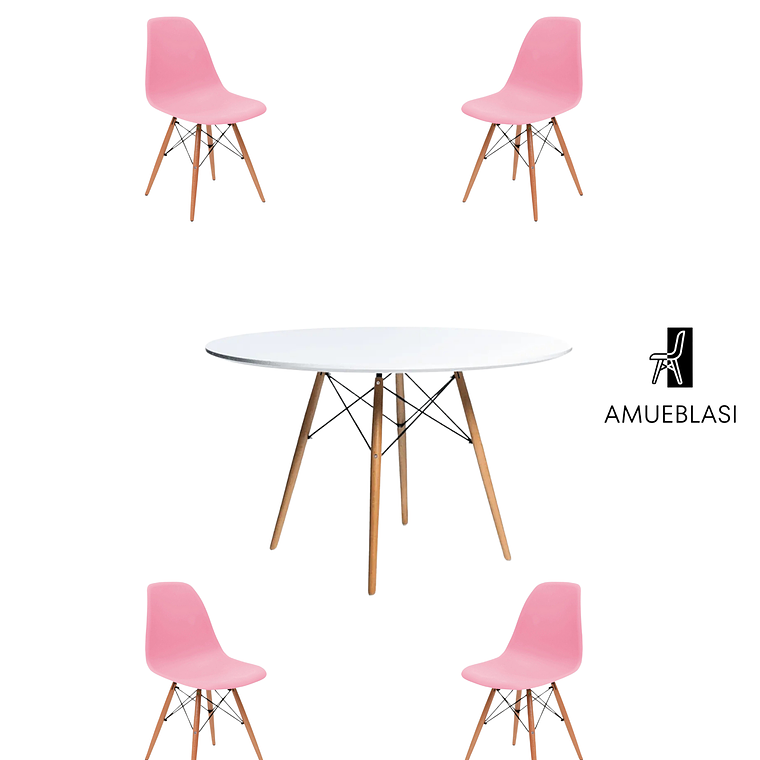 Comedor Mesa Redonda Melamina Eames Blanca 120 cm + Sillas Eames 3
