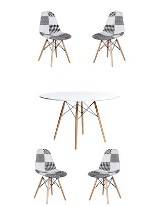Comedor Mesa Redonda Melamina Eames Blanca 120 cm + Sillas Patchwork