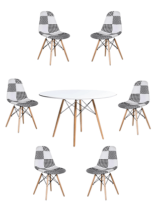 Comedor Mesa Redonda Melamina Eames Blanca 120 cm + Sillas Patchwork