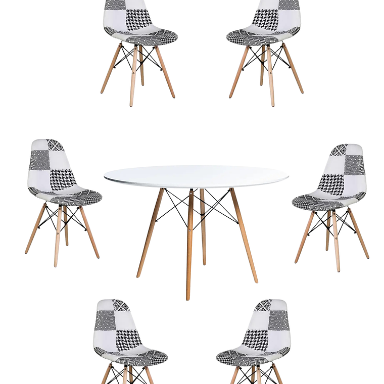 Comedor Mesa Redonda Melamina Eames Blanca 120 cm + Sillas Patchwork 2