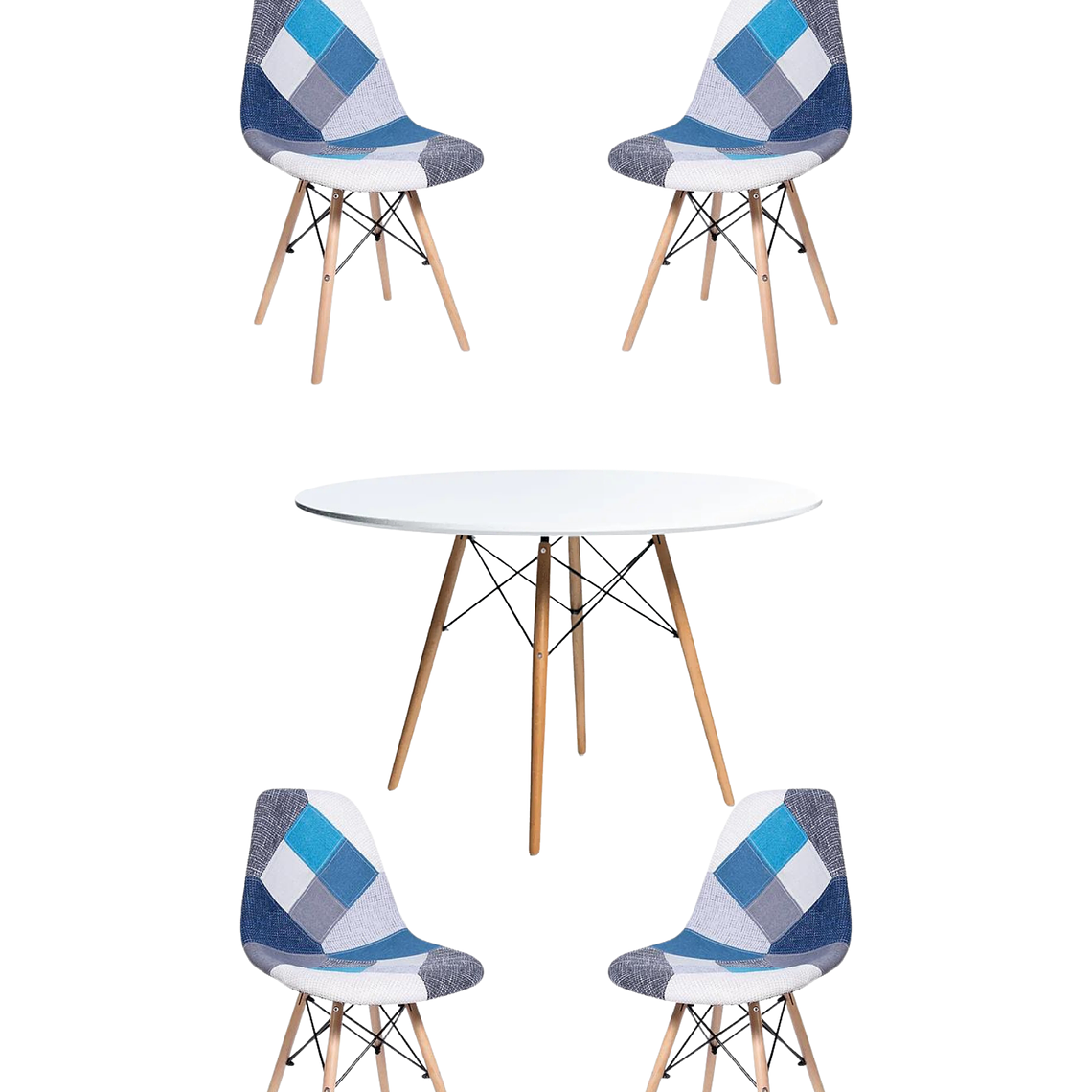 Comedor Mesa Redonda Melamina Eames Blanca 120 cm + Sillas Patchwork 3