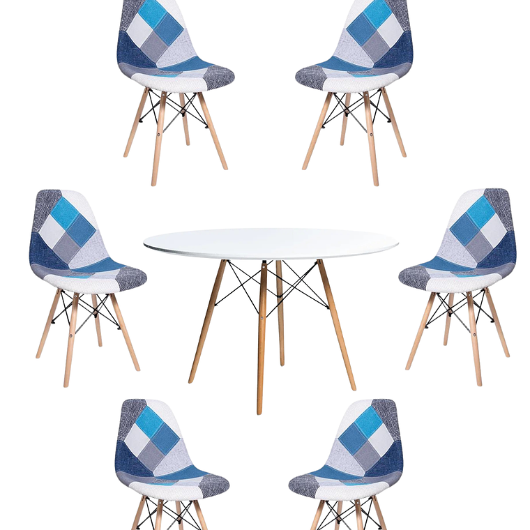 Comedor Mesa Redonda Melamina Eames Blanca 120 cm + Sillas Patchwork 4