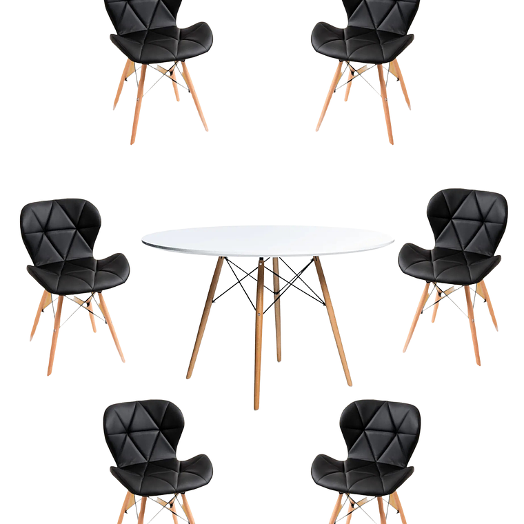Comedor Mesa Redonda Melamina Eames Blanca 120cm + Sillas Radar 6