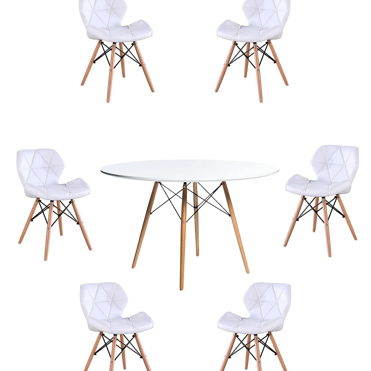 Comedor Mesa Redonda Melamina Eames Blanca 120cm + Sillas Radar 10