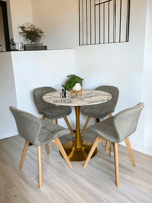 Comedor Mesa Tulip Golden + Sillas Radar Velvet