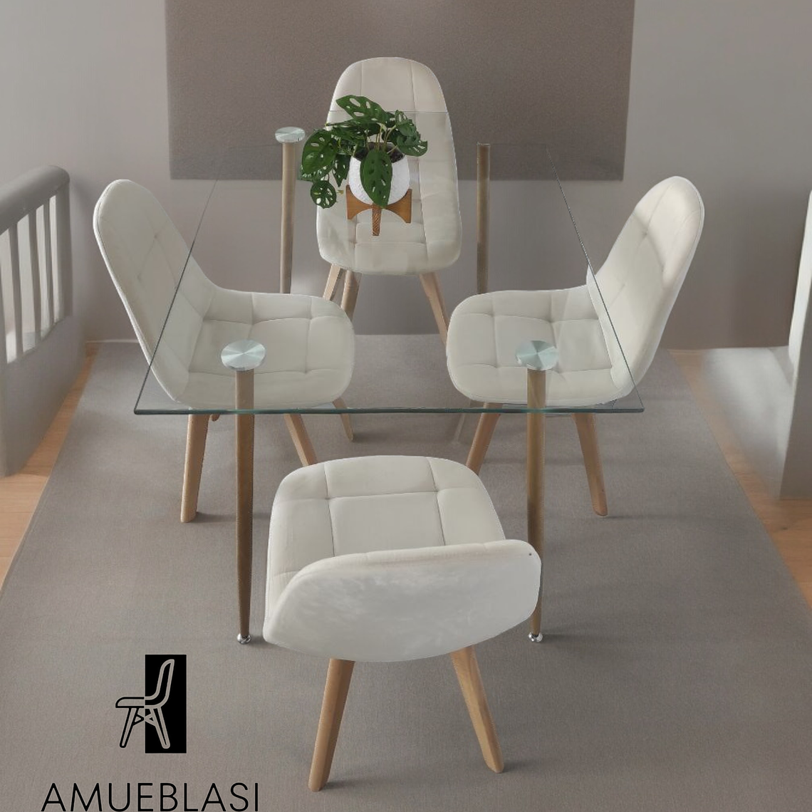Comedor Mesa Rectangular Vidrio Paris 120x80 cm + Sillas Capitone 3
