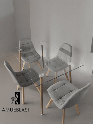 Comedor Mesa Rectangular Vidrio Paris 120x80 cm + Sillas Capitone