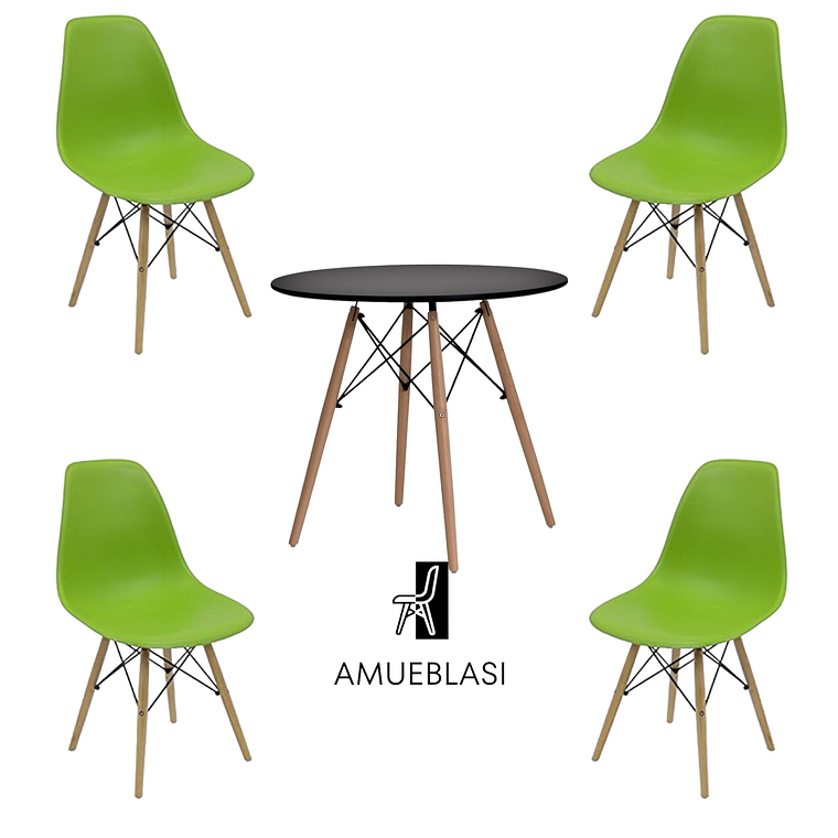 Comedor Mesa Redonda Melamina Eames Negra + Sillas Eames 11