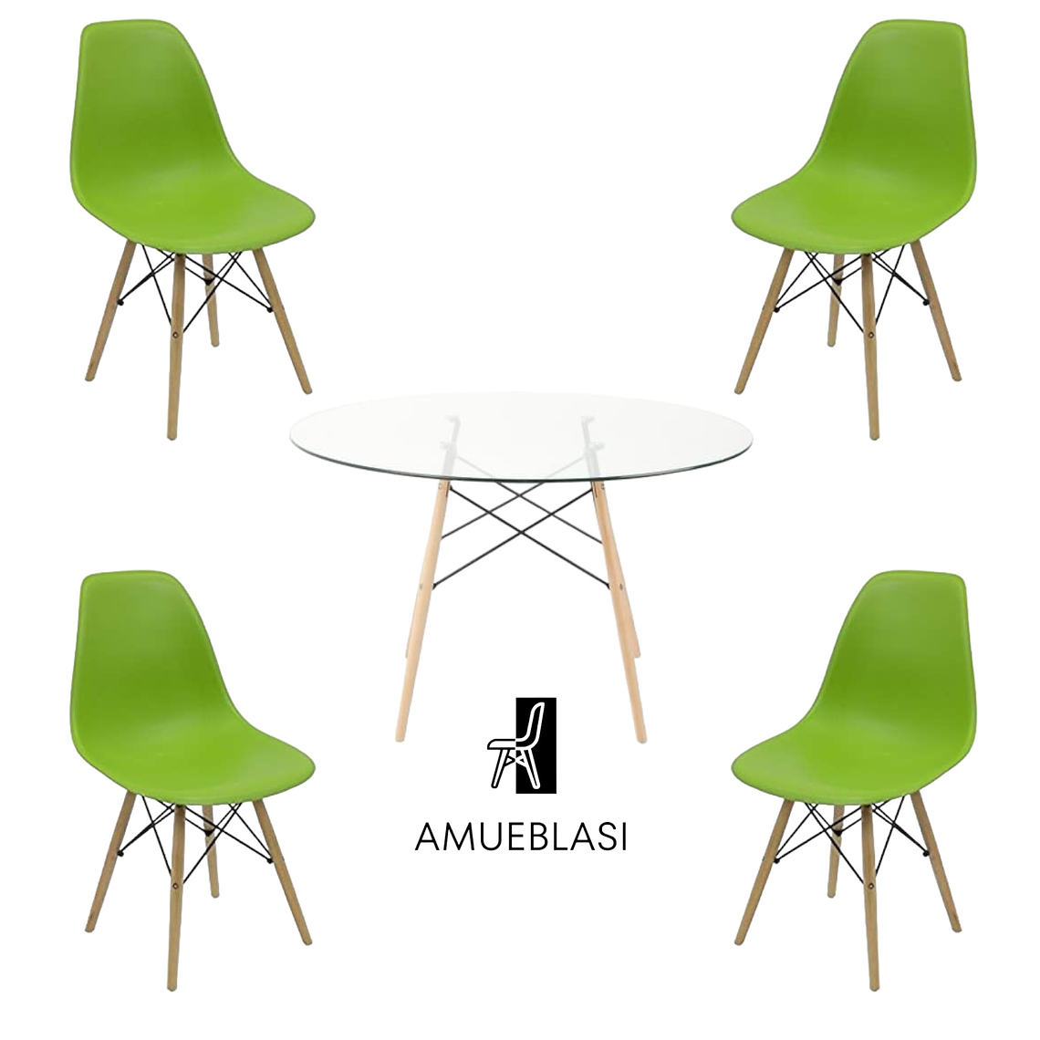Comedor Mesa Redonda Vidrio Eames 120 cm + Sillas Eames 13