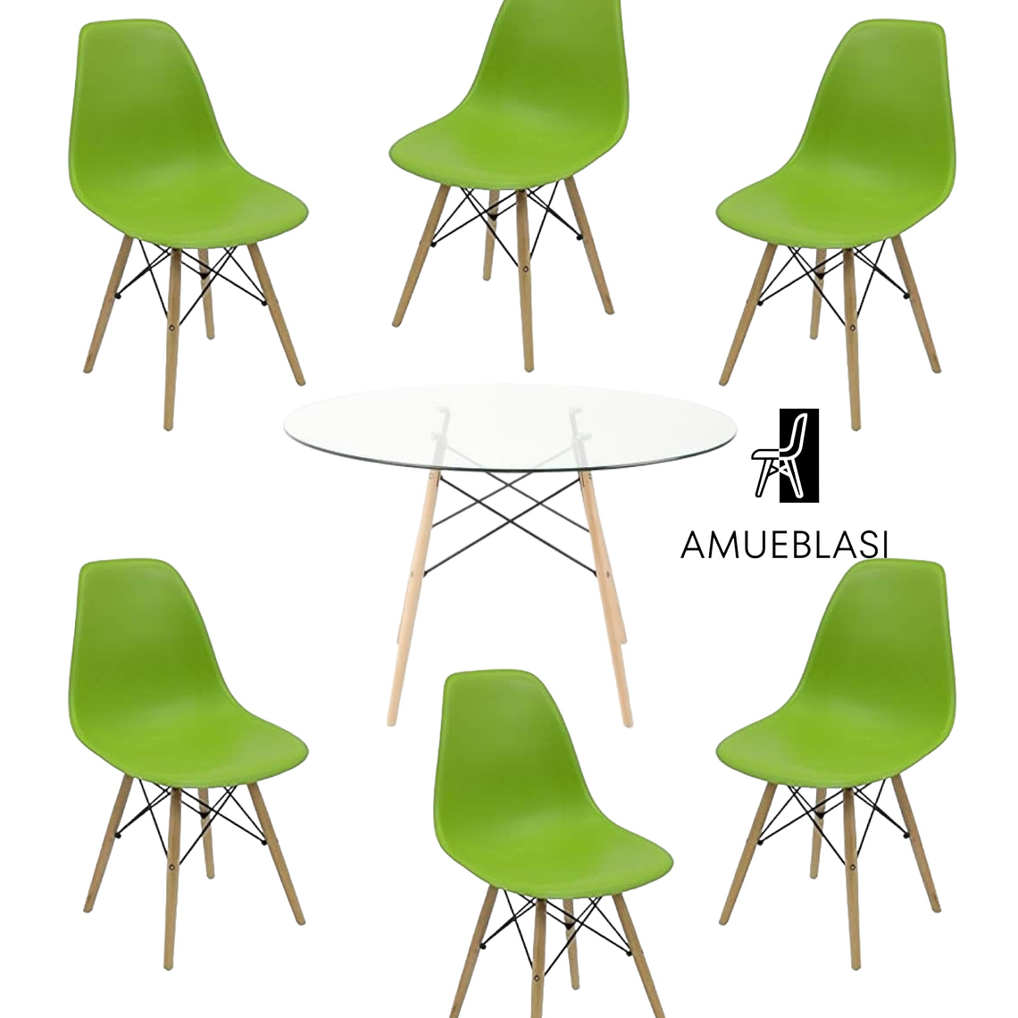 Comedor Mesa Redonda Vidrio Eames 120 cm + Sillas Eames 14