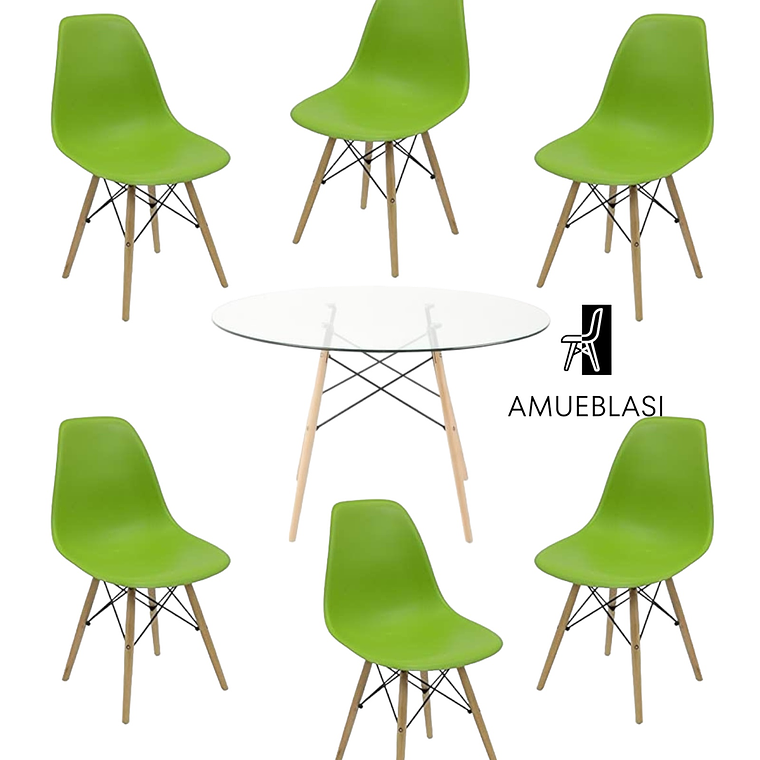 Comedor Mesa Redonda Vidrio Eames 120 cm + Sillas Eames 14
