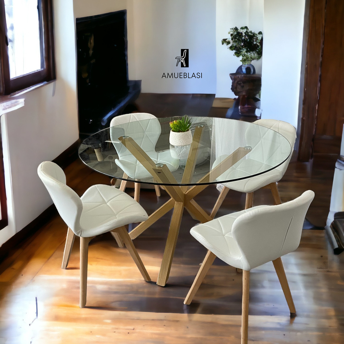 Comedor Mesa Redonda Vidrio Madrid + Sillas Radar Fiori 1