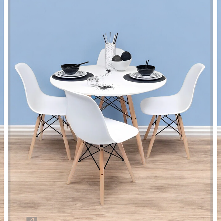 Comedor Mesa Redonda Melamina Eames Blanca + Sillas Eames 1