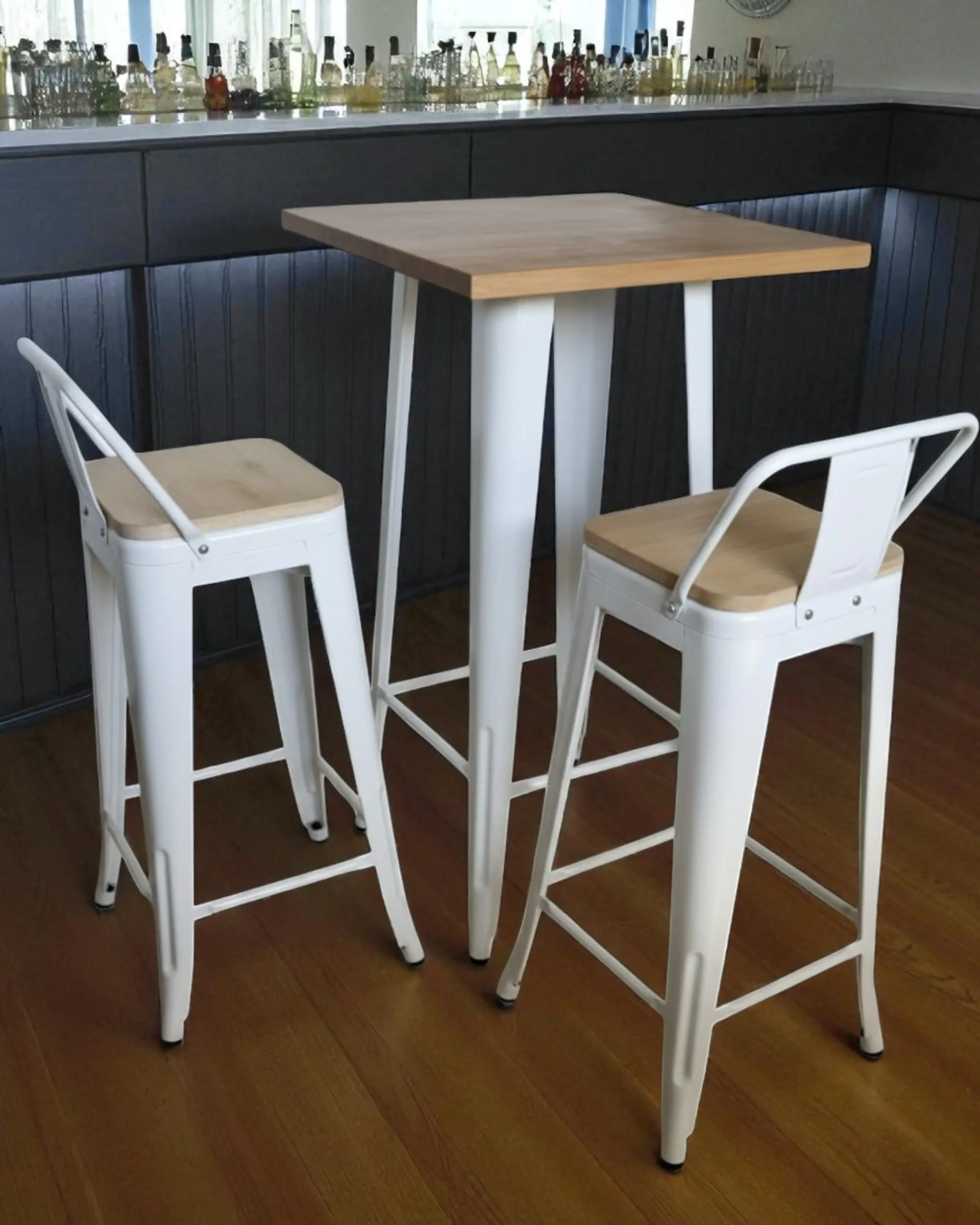 Mesa Bar Tolix + 2 Taburetes Tolix con Respaldo y Asientos con Madera 77 cm 3