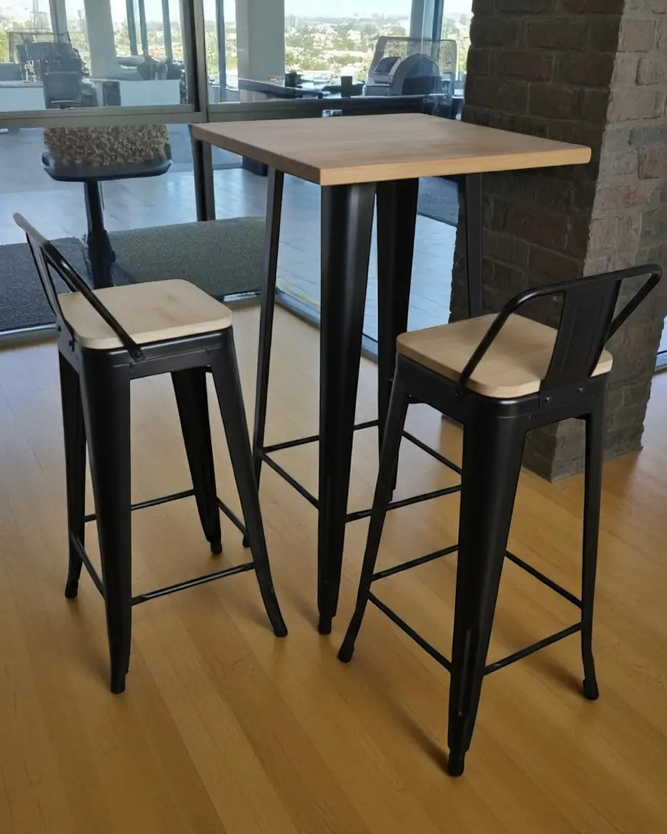 Mesa Bar Tolix + 2 Taburetes Tolix con Respaldo y Asientos con Madera 77 cm 2