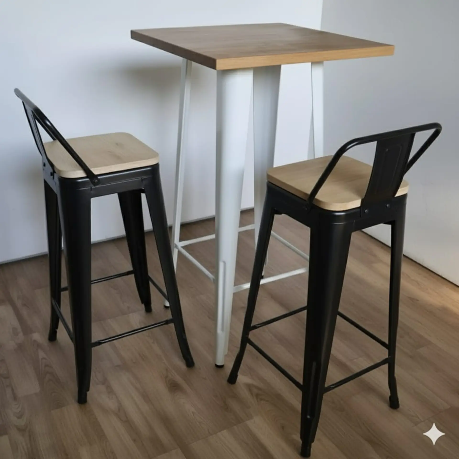 Mesa Bar Tolix + 2 Taburetes Tolix con Respaldo y Asientos con Madera 77 cm 4