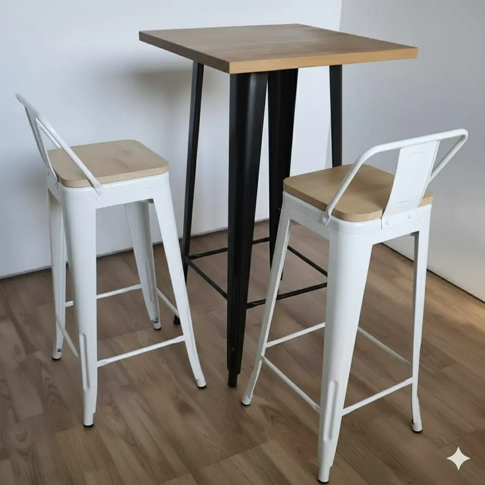 Mesa Bar Tolix + 2 Taburetes Tolix con Respaldo y Asientos con Madera 77 cm 5