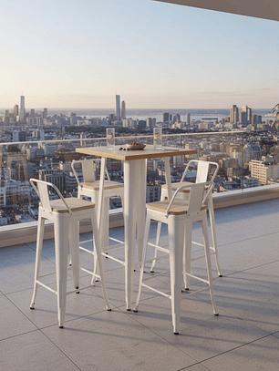 Mesa Bar Tolix + 4 Taburetes Tolix con Respaldo y Asientos con Madera 77 cm