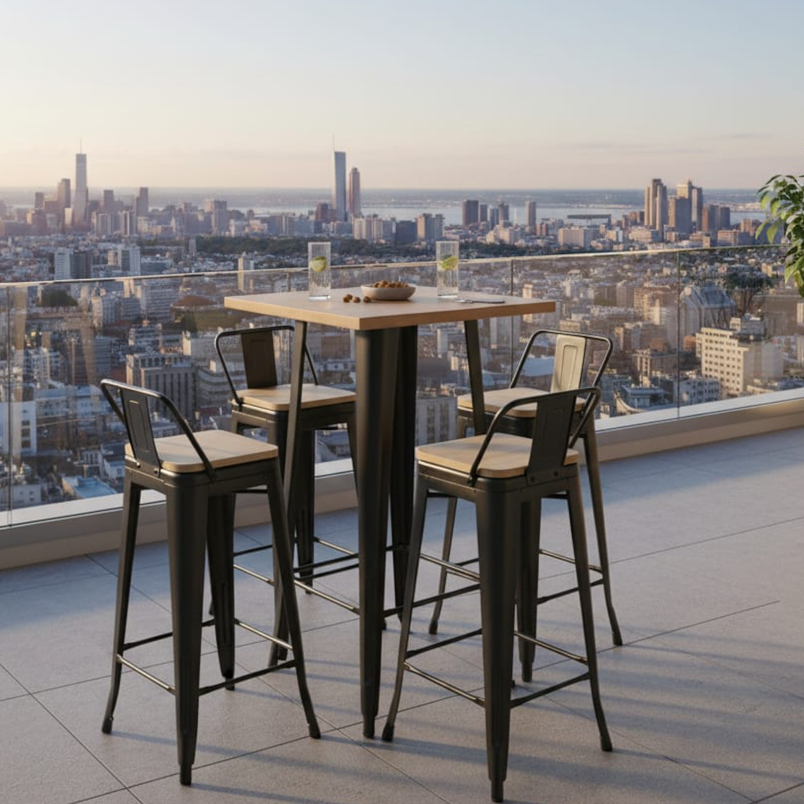 Mesa Bar Tolix + 4 Taburetes Tolix con Respaldo y Asientos con Madera 77 cm 2