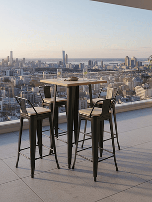 Mesa Bar Tolix + 4 Taburetes Tolix con Respaldo y Asientos con Madera 77 cm