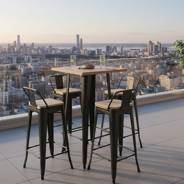 Mesa Bar Tolix + 4 Taburetes Tolix con Respaldo y Asientos con Madera 77 cm 2