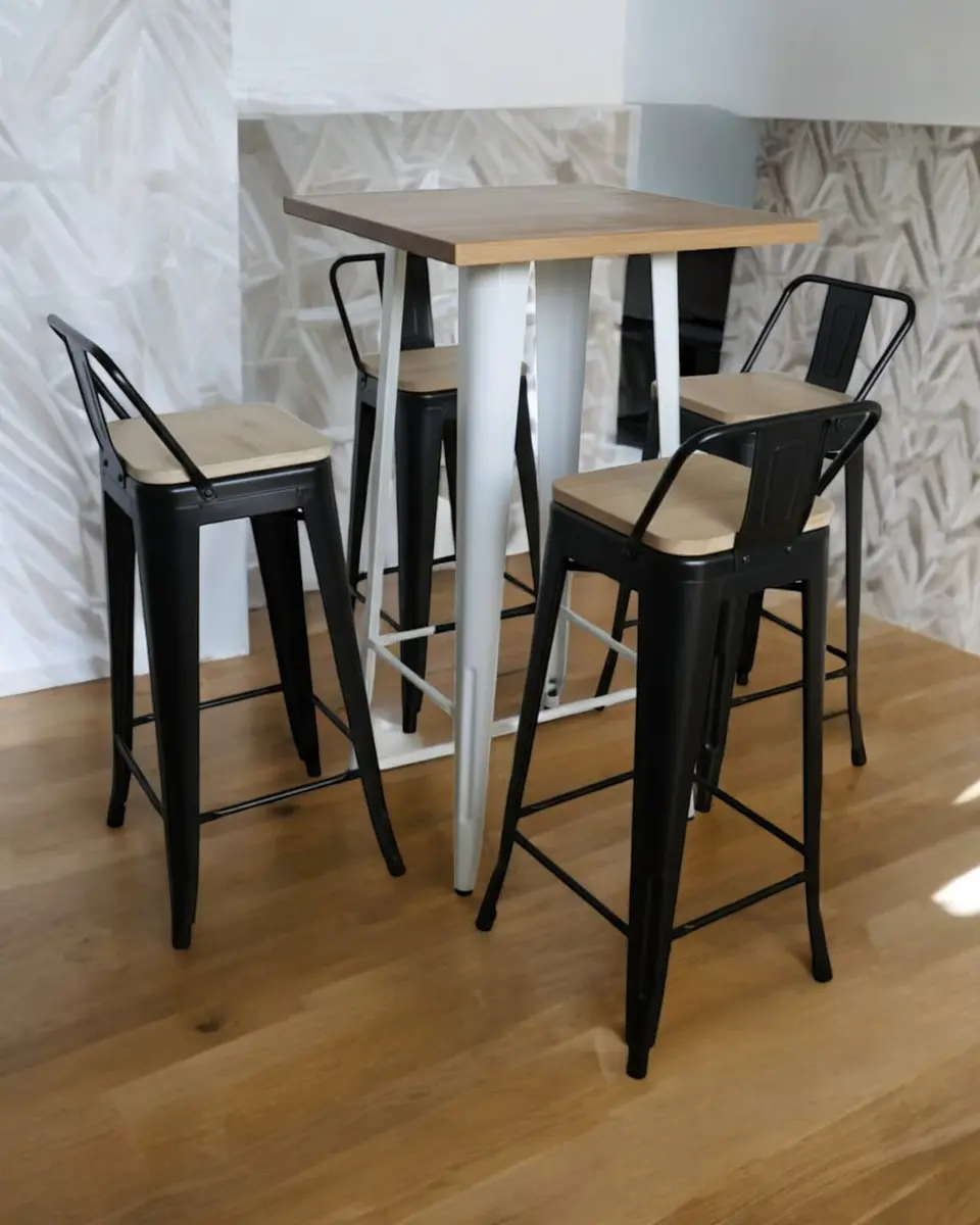 Mesa Bar Tolix + 4 Taburetes Tolix con Respaldo y Asientos con Madera 77 cm 3