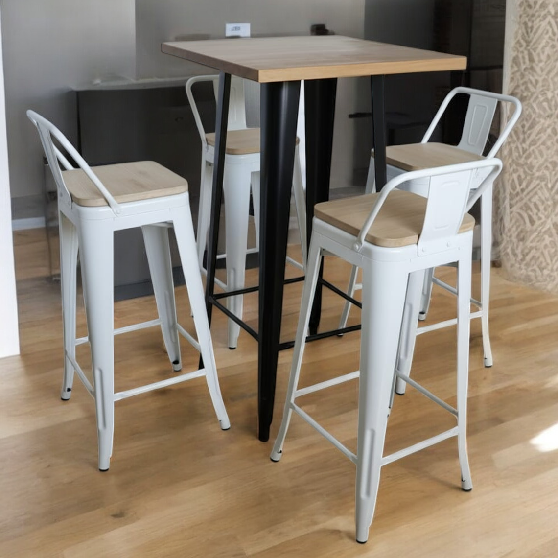 Mesa Bar Tolix + 4 Taburetes Tolix con Respaldo y Asientos con Madera 77 cm 4