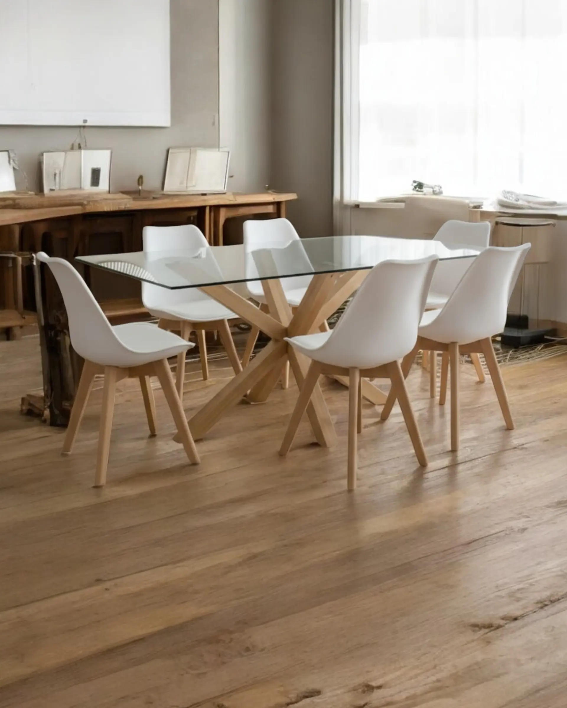 Comedor Rectangular Vidrio Madrid con Sillas Tulip 6