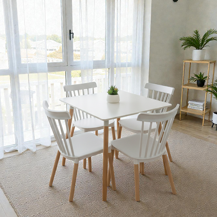 Comedor Mesa Cuadrada Melamina 80x80 cm + 4 Sillas Windsor 4