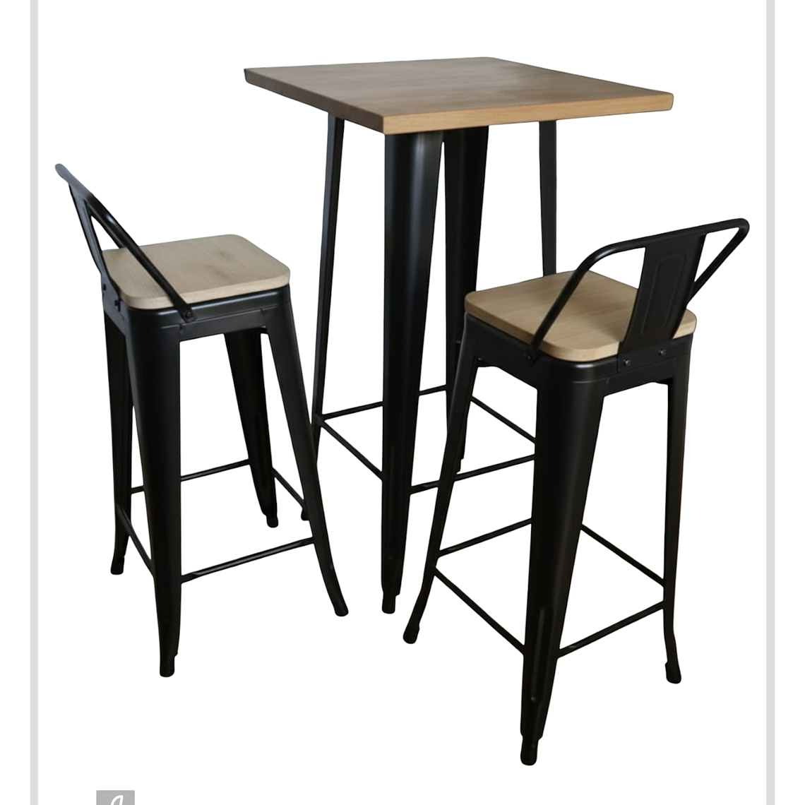 Mesa Bar Tolix + 2 Taburetes Tolix con Respaldo y Asientos con Madera 77 cm 1