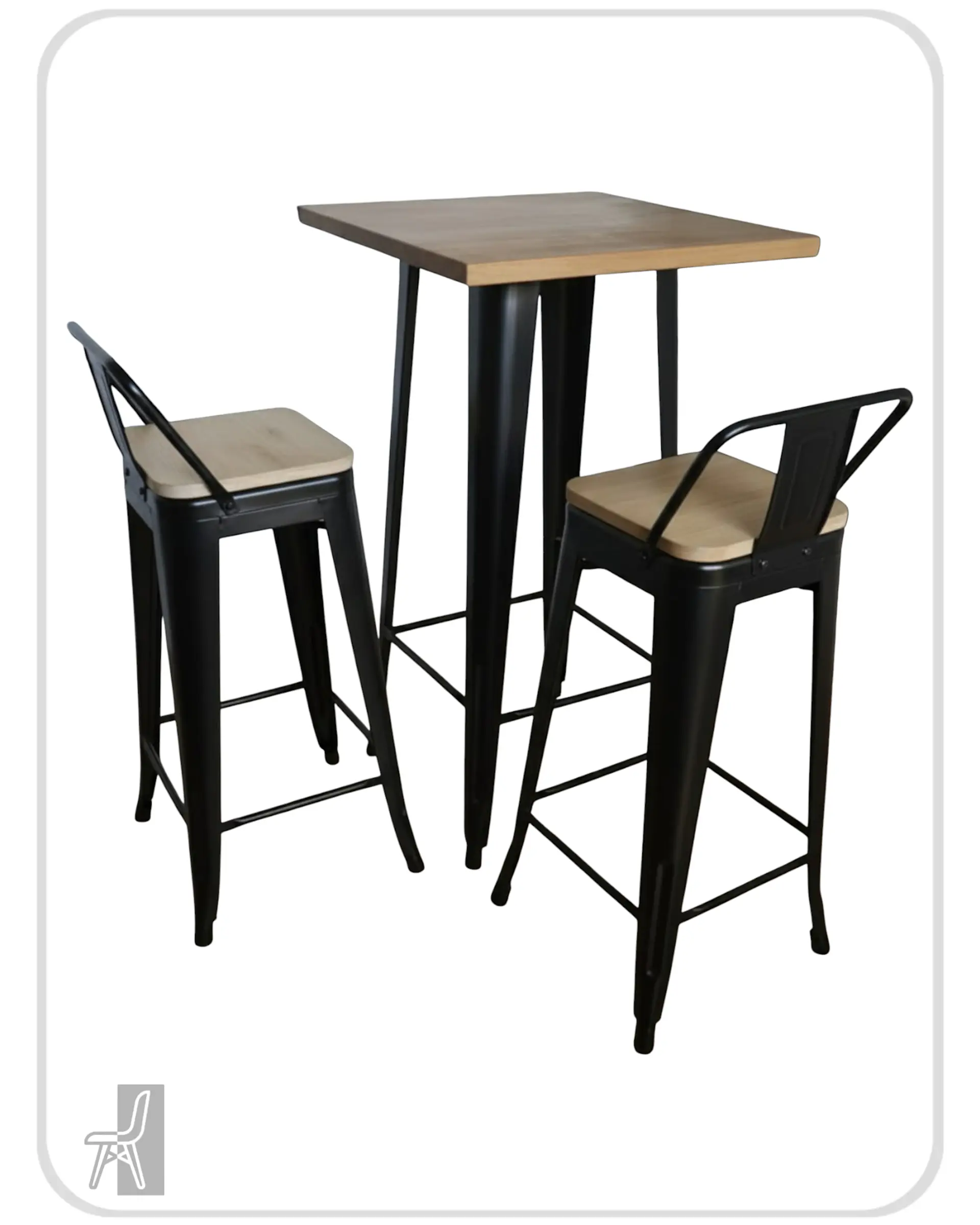 Mesa Bar Tolix + 2 Taburetes Tolix con Respaldo y Asientos con Madera 77 cm 1