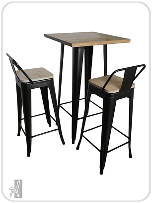 Mesa Bar Tolix + 2 Taburetes Tolix con Respaldo y Asientos con Madera 77 cm