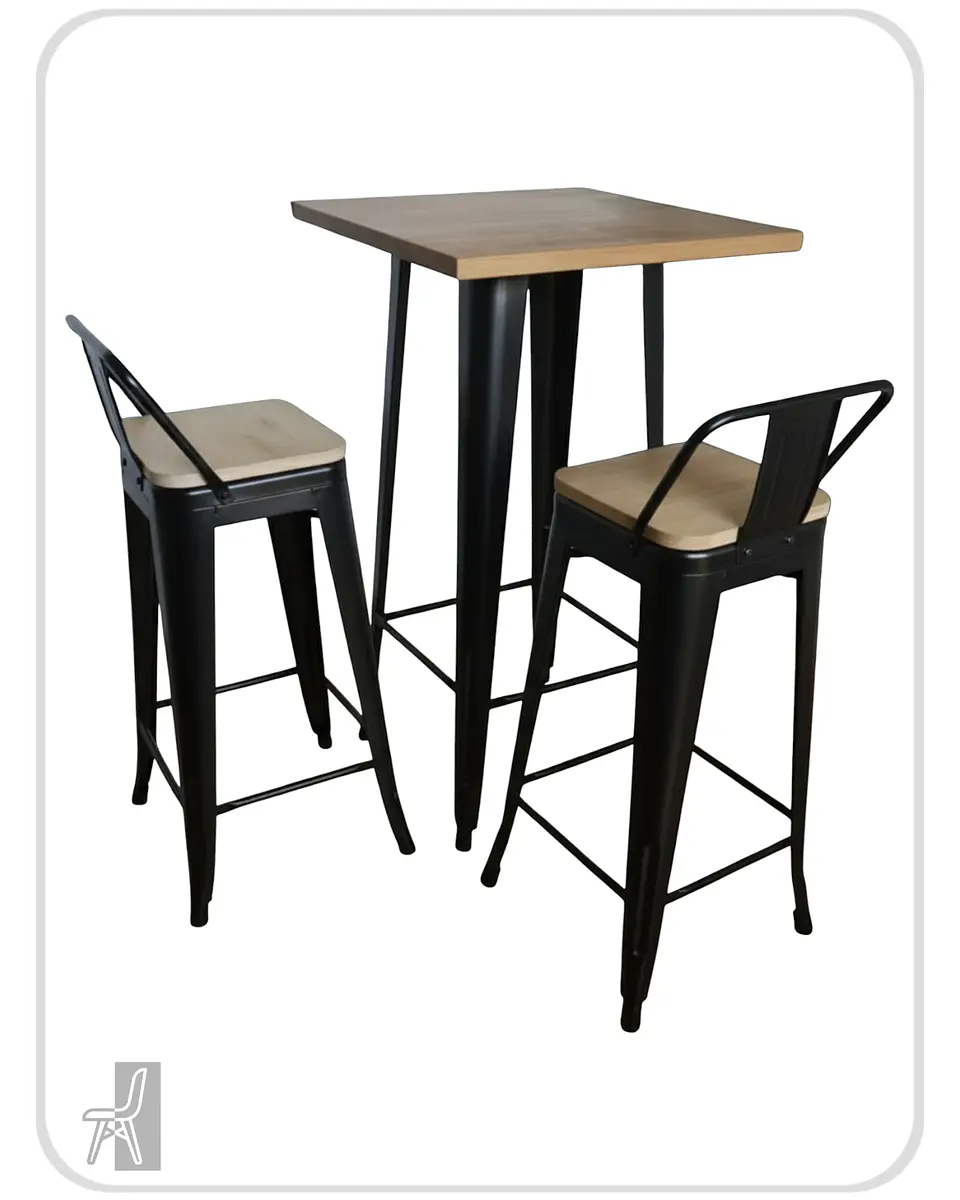 Mesa Bar Tolix + 2 Taburetes Tolix con Respaldo y Asientos con Madera 77 cm 1