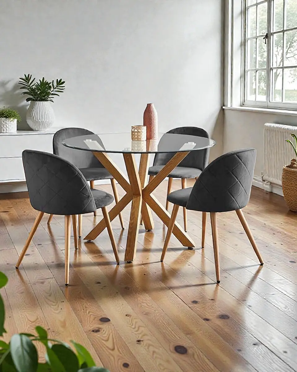 Comedor Redondo Vidrio Madrid con Sillas Luxury Wood  3
