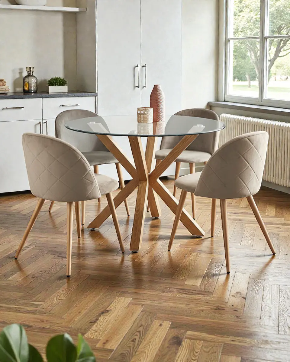 Comedor Redondo Vidrio Madrid con Sillas Luxury Wood  1