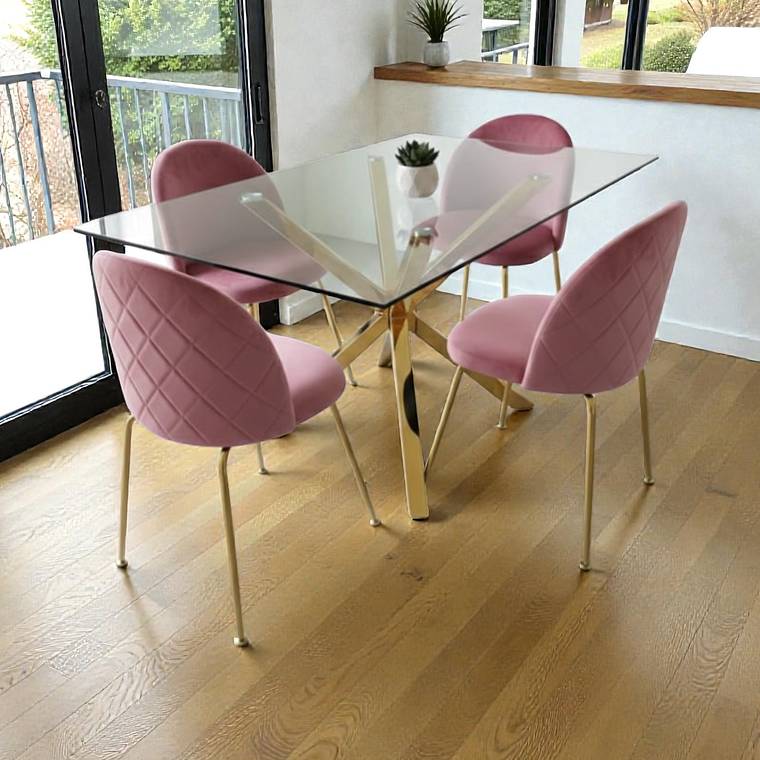 Comedor Mesa Rectangular Vidrio Madrid Gold + Sillas Luxury Gold 5