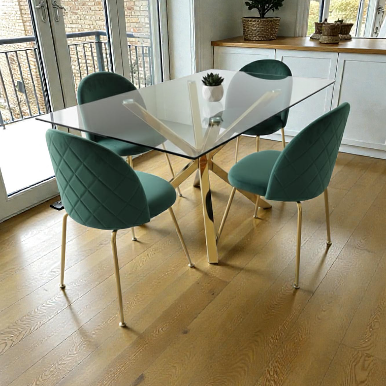 Comedor Mesa Rectangular Vidrio Madrid Gold + Sillas Luxury Gold 4