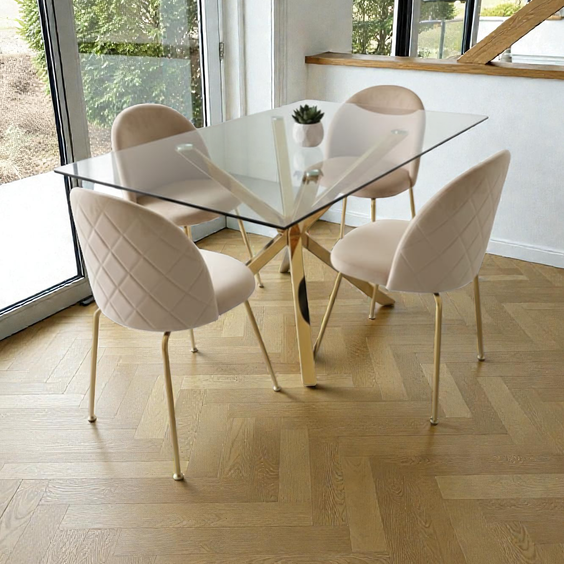 Comedor Mesa Rectangular Vidrio Madrid Gold + Sillas Luxury Gold 1