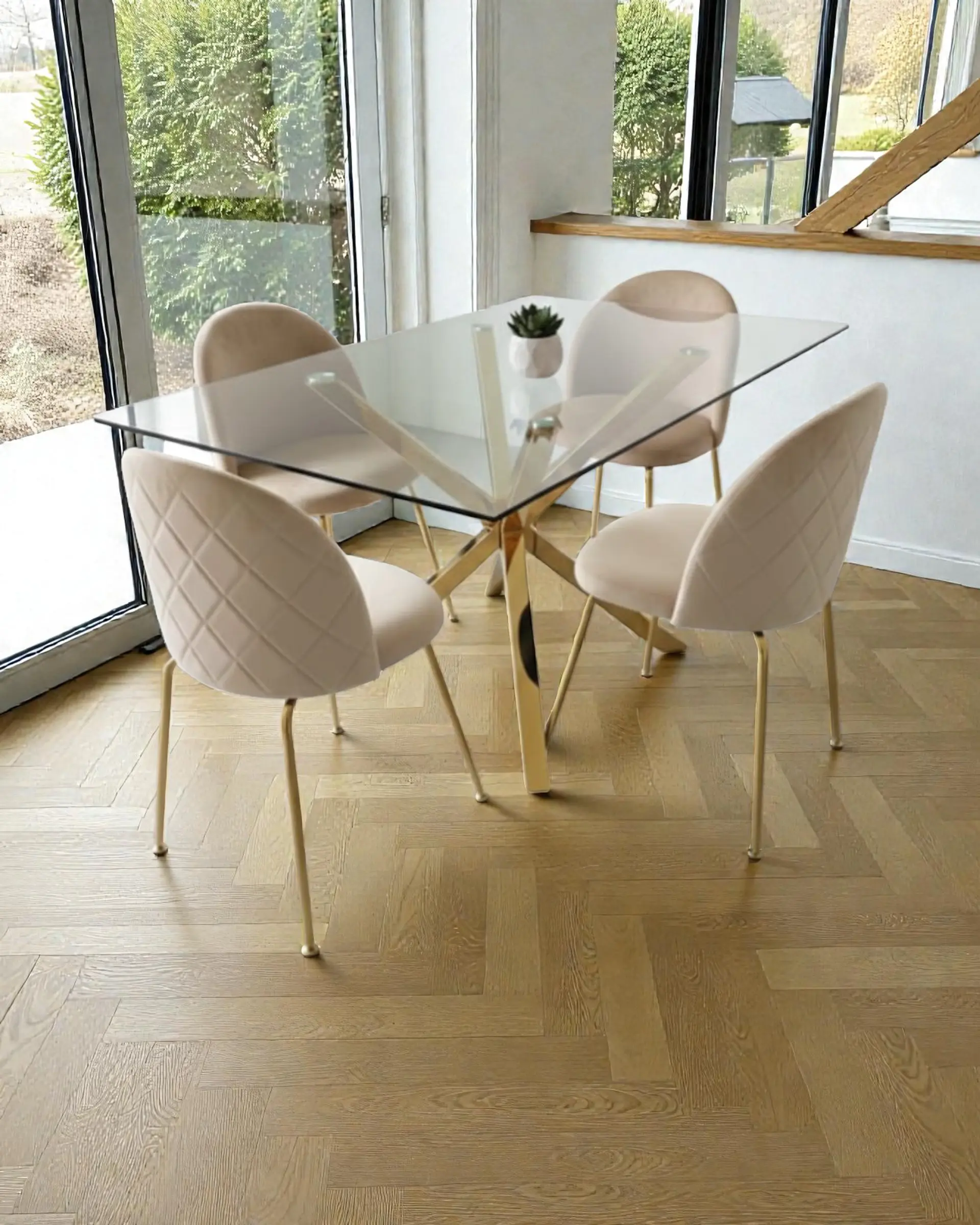 Comedor Rectangular Vidrio Madrid Gold con Sillas Luxury Gold  1