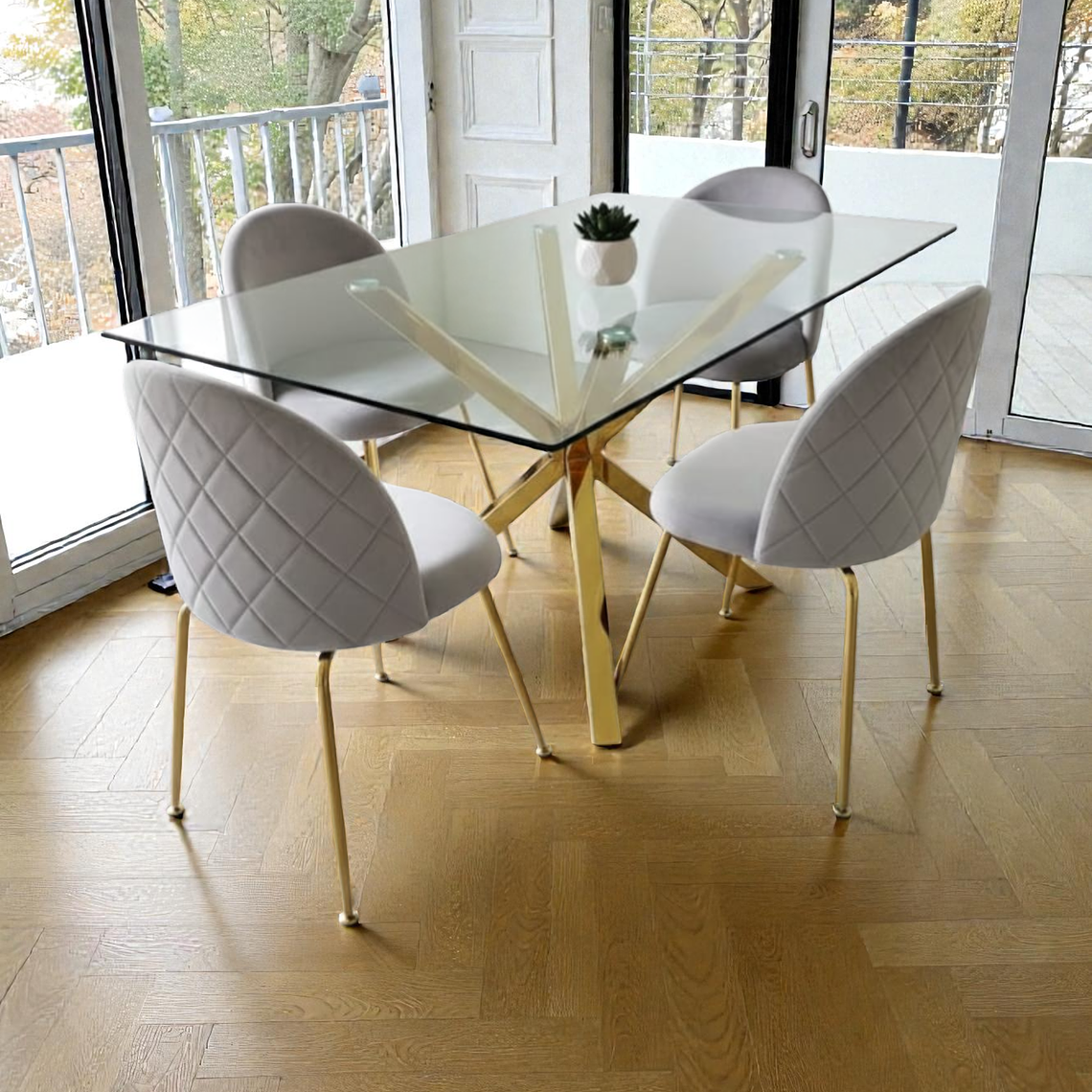 Comedor Mesa Rectangular Vidrio Madrid Gold + Sillas Luxury Gold 3