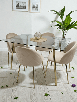 Comedor Mesa Rectangular Vidrio Paris Gold + Sillas Luxury Gold