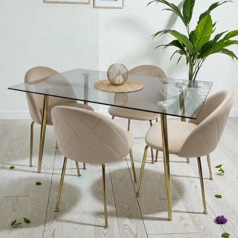 Comedor Mesa Rectangular Vidrio Paris Gold + Sillas Luxury Gold 1