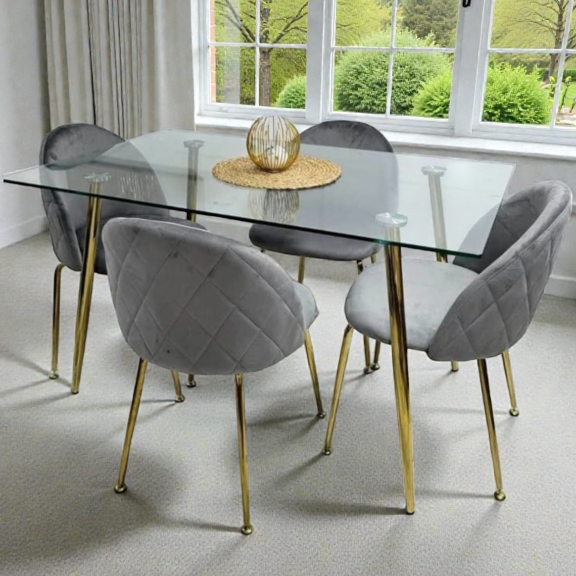 Comedor Mesa Rectangular Vidrio Paris Gold + Sillas Luxury Gold 2