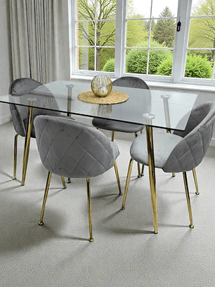Comedor Mesa Rectangular Vidrio Paris Gold + Sillas Luxury Gold