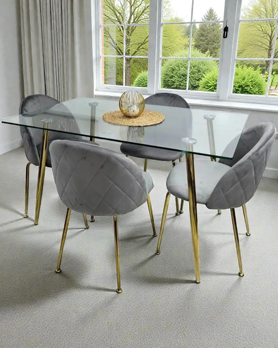 Comedor Mesa Rectangular Vidrio  Paris Gold con Sillas Luxury Gold 2